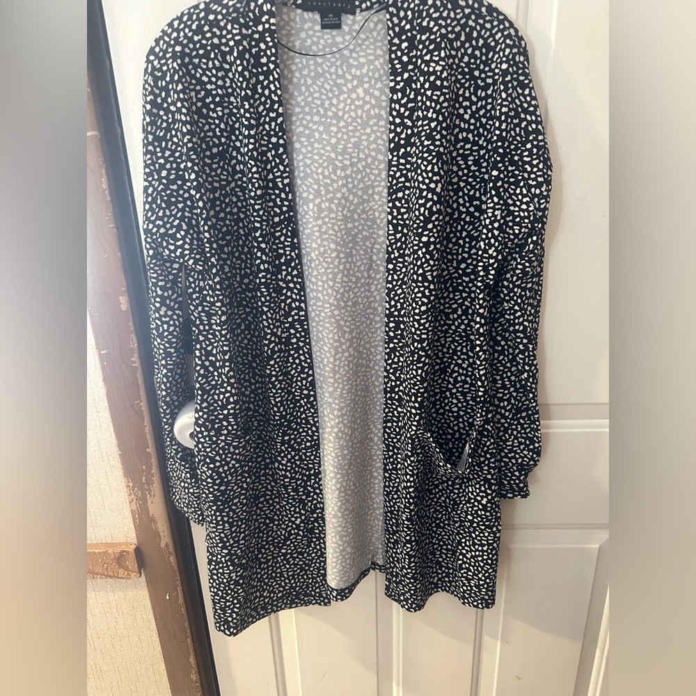 SANCTUARY Open Front Jersey Cardigan: MYSTIC SPOTS: BLACK/WHITE: NWOT: SZ XS